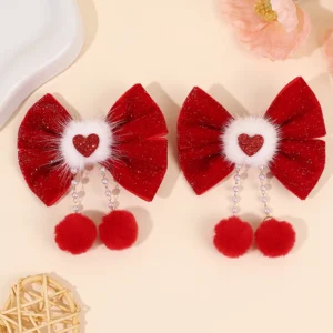 2Pcs Glitter Velvet Bow Hair Clips With Fuzzy Ball Tassels Elegant Cute Red Heart-Shaped Bow Barrette Hair Accessories For Girls