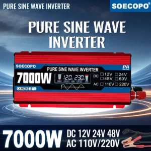 7000W Pure Sine Wave Power Inverter | 12V/24V/48V/60V to 110V/220V AC Output | Solar Charger Compatible for Home, RV & Off-Grid