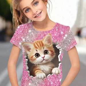 Children's Clothing Girl T-Shirt Short Sleeve 3D Cartoon Cat Print Kids Summer Clothes Fashion Cute Girl Clothes Polyester Tops