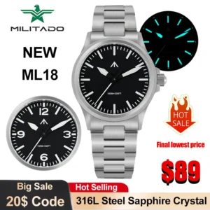Militado ML18 Quartz Watch 316L Steel Domed Sapphire Crystal 100m Waterproof Vintage Wristwatch VH31 Movement Luminous Watch