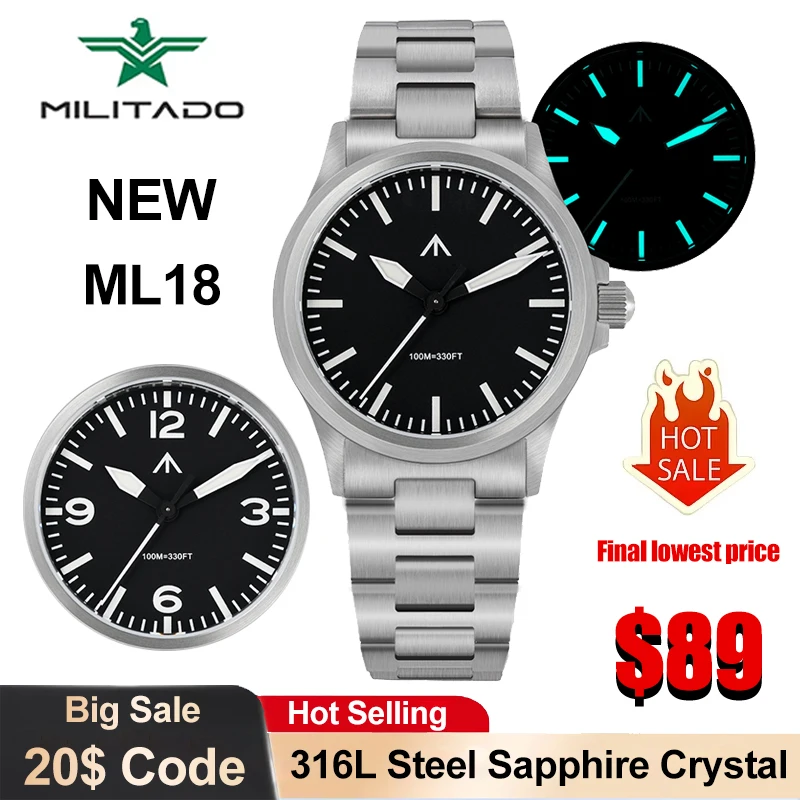 Militado ML18 Quartz Watch 316L Steel Domed Sapphire Crystal 100m Waterproof Vintage Wristwatch VH31 Movement Luminous Watch