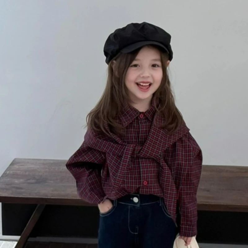 Girl's Fashionable Long Sleeved T-shirt Shawl Plaid Casual Outdoor Top 2025 Spring and Autumn New Style 3-8Y