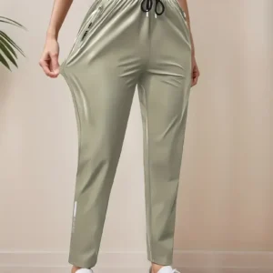Women's High-Elasticity Ice Sliky Fiber Casual Pants Quick-Dry with Zipper Pockets Adjustable Drawstring Waist Lightweight