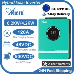 Anern Solar Hybrid Inverters 6.2KW 4.2KW 24V 48V With MPPT 140A Charger Controller Dual AC Output Pure Sine Wave for Home System