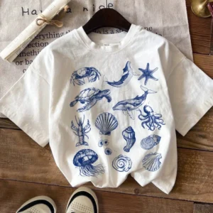 Casual simple cartoon marine life print T-shirt Casual versatile short-sleeved round neck T-shirt suitable for kids in summer
