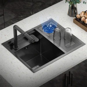 Nano Hidden Bar Kitchen Sink Black Folding Faucet Cup Washer Mini Single Bowl Basin Stainless Steel Soap Dispenser Accessories