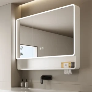 27 * 51 Inch Space Aluminum Bathroom Mirror Cabinet Storage Locker Mirror Table Smart Led Light Luminous with Tissue Hole Vanity