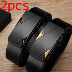 2pcs Fashion Business Leisure Men's Belt Genuine Luxury Brand Automatic Buckle Ratchet Belt Pair With Pants Jeans，For Ideal Gift