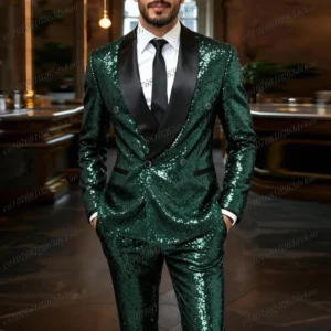 Black Collar Dark Green Sequin Men Suit Wedding Party Formal Groom Groomsman Prom Business Male Tuxedos 2 Piece Set Jacket Pants