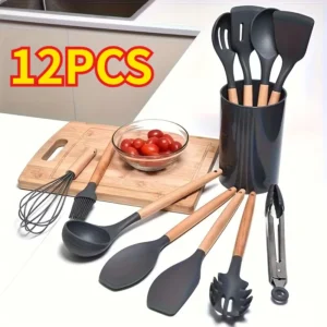 12Pcs/5pcs Silicone Utensils Set Non-Stick Cookware Spatula Shovel Wooden Handle Kitchenware Home Kitchen Cooking Tools
