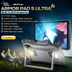 Ulefone Armor Pad 5 Ultra 5G Rugged Tablet Portable Projector 200LM 24200 mAh 120W Up to 12GB +512GB Android 15 11" FHD 64MP