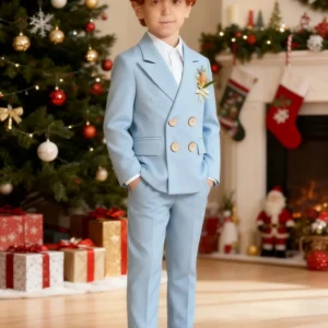 Boys Light Blue Sophisticated Double Breasted 2 Piece Suit Jacket Trousers Wedding Formal Performance Wear for Kids