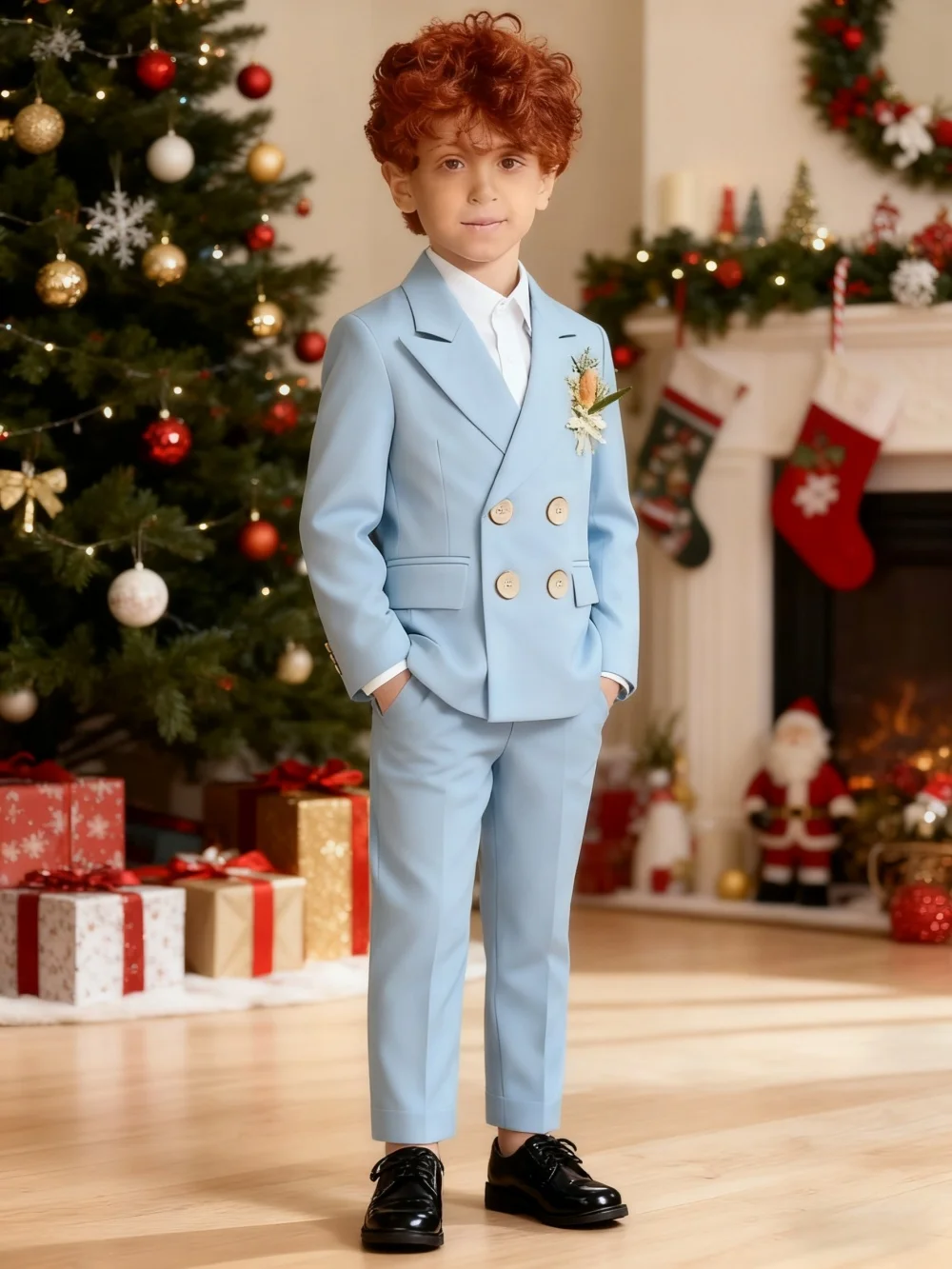 Boys Light Blue Sophisticated Double Breasted 2 Piece Suit Jacket Trousers Wedding Formal Performance Wear for Kids