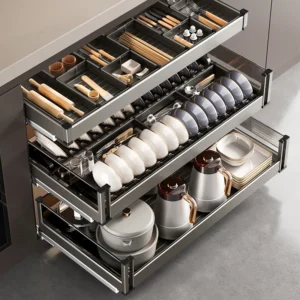 Kitchen Basket Cupboard Drawer Dish Basket Space Aluminum Deepened Seasoning Dish Basket Storage Shelf