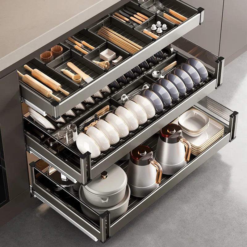 Kitchen Basket Cupboard Drawer Dish Basket Space Aluminum Deepened Seasoning Dish Basket Storage Shelf