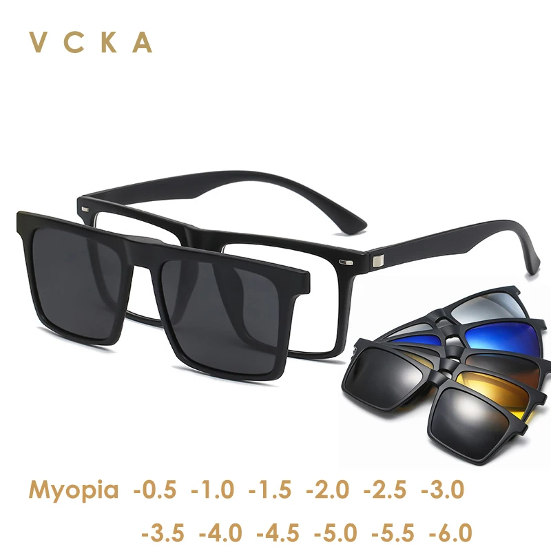 VCKA Myopia Polarized Magnet Sunglasses Women Men Clip On Glasses Square Optic Spectacle 6 In 1 Eyeglass Frames -0.5 TO -10
