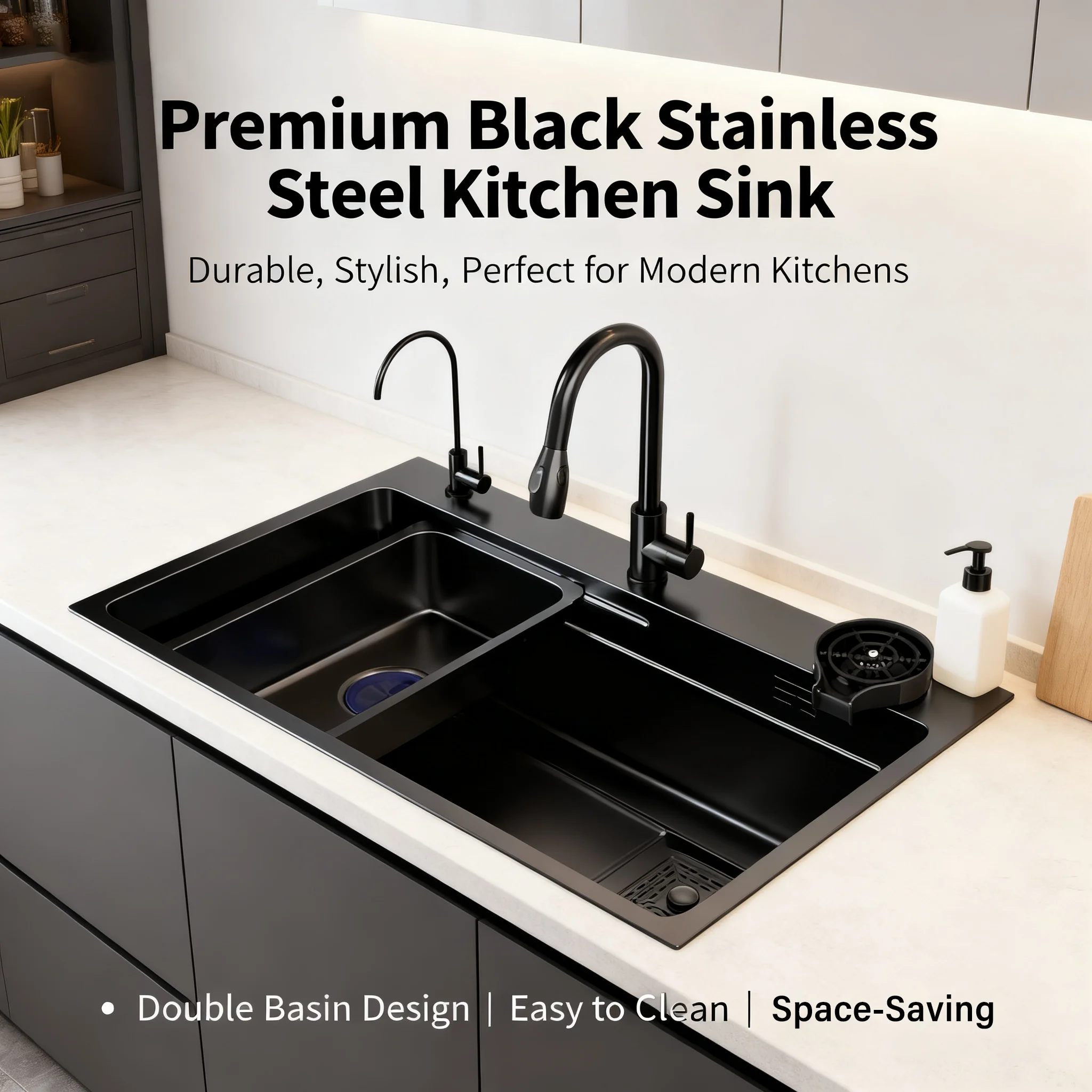 Thickened 304 stainless steel Multifunctional Kitchen sink Waterfall pull-out tap Dual-track design Slag collection net