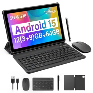 New BAKEN 10-inch Android 15 tablet with 64GB storage, keyboard, leather case, stylus, mouse, Wi-Fi, GPS, Bluetooth