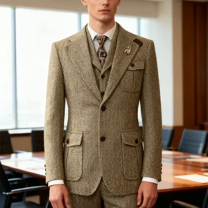 Classic Herringbone Elegant Man Suit Sets Wool Blend High Quality Luxury Men's Suits Wedding Dress 3 Piece Set Jacket Vest Pants