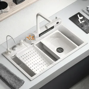 High-Tech Nano White 304 Stainless Steel Single Bowl Kitchen Sink Handmade with Four Holes Multiple Colors Rainfall Design