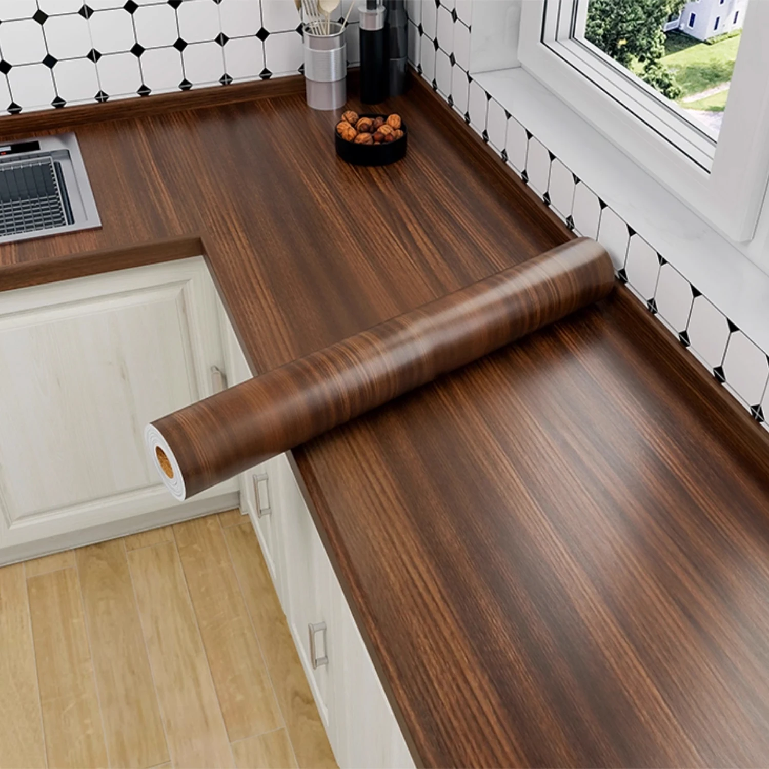 Adhesive Wallpaper Roll with 5Meters Waterproof Wood Grain Sticker Wardrobe Cabinet Desktop Door Furniture Renovation Stickers