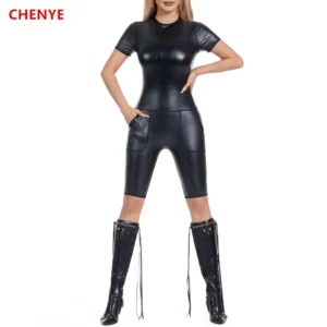 Women's Leather Bodysuits Short Romper Jumpsuit Leotard T-Shirt Body Shapers Metallic Back Zip BlouseLady Shapewear with Pockets