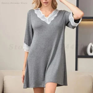 Women's Sleepwear Sexy Lace V-Neck Nightgown Modal Home Wear Loose Casual Half Sleeved Nightdress Intimate Lingerie Loungewear
