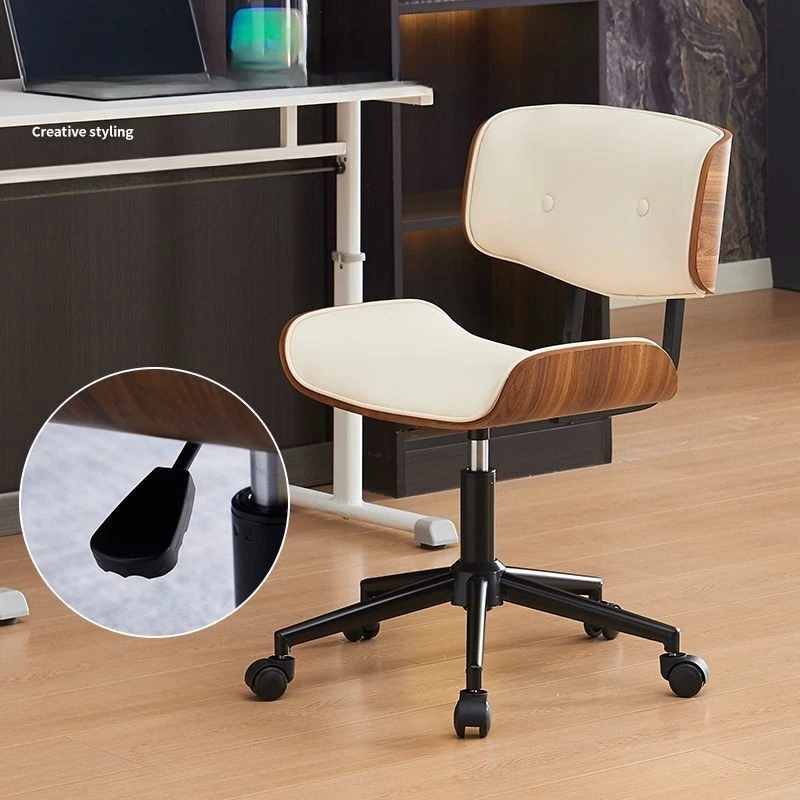 Modern Leather Office Chair, Walnut Wood Accent Swivel Desk Chair, Stylish Retro Ergonomic Chair for Home Office Furniture