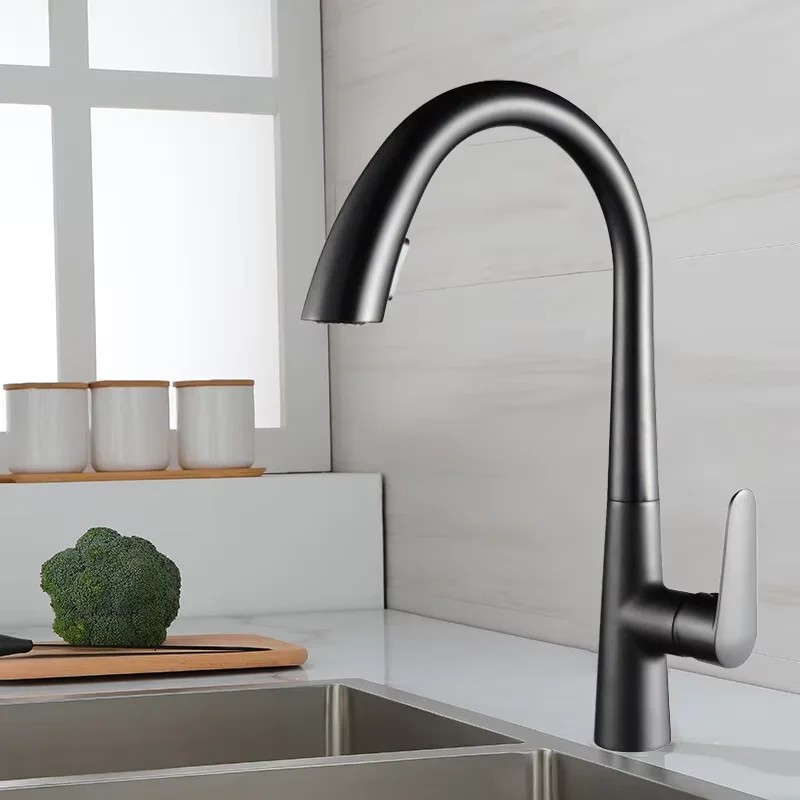 Gun Gray Pull-out Kitchen Faucet Hot And Cold Water Washbasin Sink Faucet Rotatable Retractable Black And White 60CM Pull
