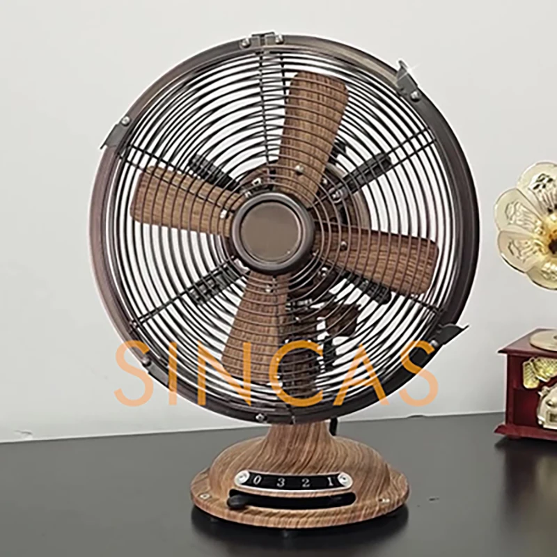 Vintage Woodgrain Oscillating Table Fan 8-Inch Retro Compact Space-Saving Durable Low Noise Desktop Office Bedroom Living Room