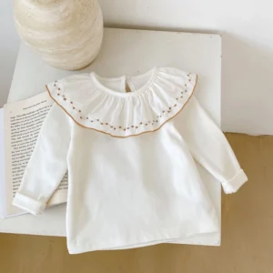 Autumn New Baby Clothing, 0-2 Year Old Girl, Embroidered Lotus Collar Bottom Top, White Versatile Style