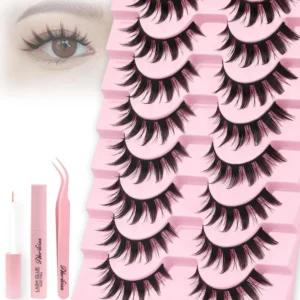 Ahrikiss Lashes Spiky Manga Lashes Anime False Eyelashes 8 Pairs Faux Mink Lashes Kit with Lash Glue and Lash Tweezers Cosplay T