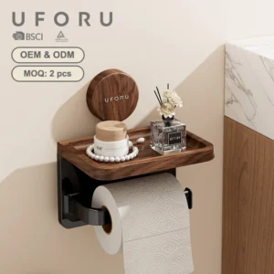 Uforu Bathroom Wall Mounted Tissue Box Multi-Functional Wood Grain Bathroom Tissue Holder Storage Rack for Bathroom Accessories
