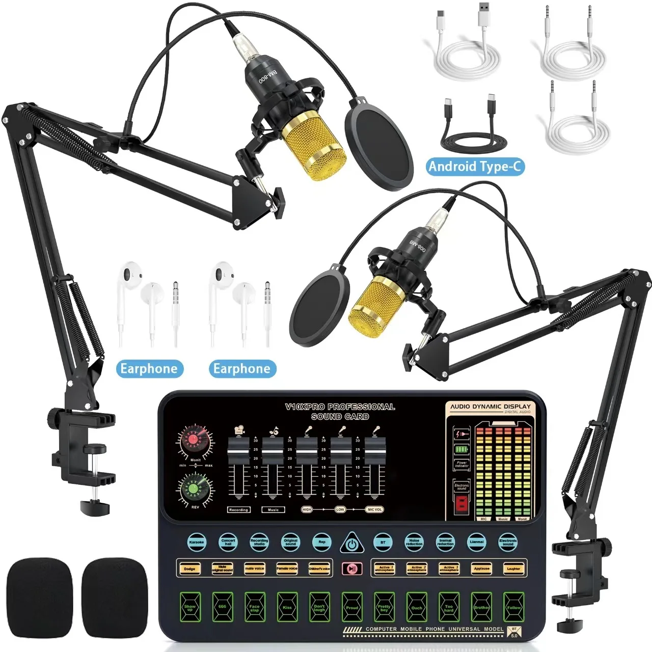 V10XPro Sound Card Studio Mixer Singing Noise Reduction Dual Microphone Voice BM800 Live Broadcast Phone Computer Record Mic Set