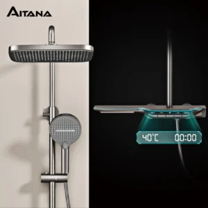 Luxury brass gun gray shower system intelligent LED digital display constant temperature design, dual control bathroom faucet