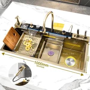 Golden Stainless Steel Waterfall Kitchen Sink Gold Embossed Extra Large Single Slot Digital Display Dishwashing Basin 100x50cm