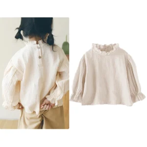 Toddler Girls Long Sleeve Tops Autumn Linen Cotton Solid Ruffle T-Shirt Floral Shirts for Kids Casual Tees Girls Blouses 1-6T