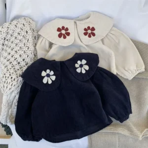 Lotus Collar Big Flower Children's T-shirt Autumn Winter for Girls Clothing Stylish Embroidered Bubble Sleeves Long Sleeved Top