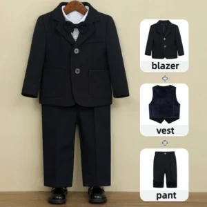 JUCPKID Winter Navy Blue Floral Blazer Kids Prom Suit Children Boys Slim Fit Elegant Suit Outfit Set Baby Party Ceremony Costume
