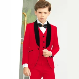 Boys Red Classic Suit Birthday Jacket Vest and Pants 3 piece Children's Shawl Lapel Wedding Holiday Custom Children Tuxedos