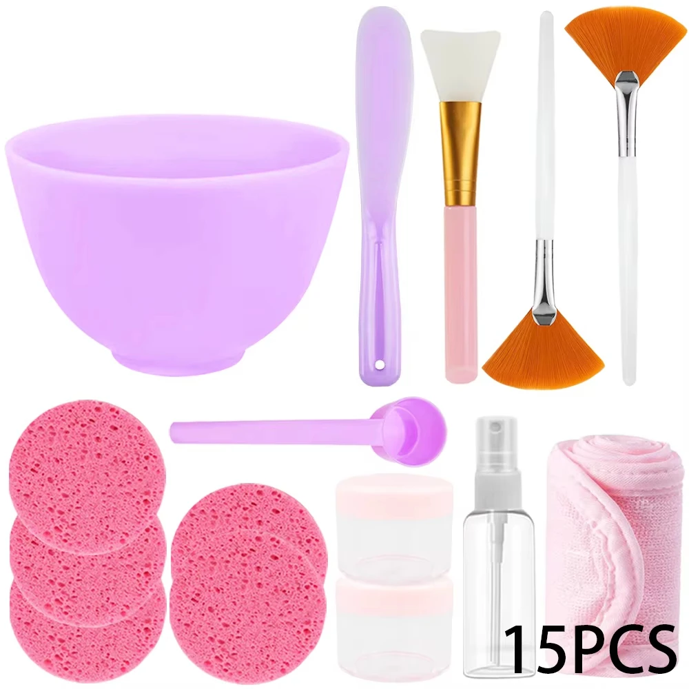 15PCS Face Skin Care Set Beauty Tool Mask Mixing Bowl Silicone Facial Mask Brushes Compressed Facial Sponges Spray Beauty Tools