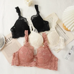 Women's Sexy Bow Lace Hollow Out Bra French Sweet Floral Thin Cup Soft Underwire Push-up Bra 34-38 Cup B/C