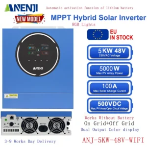 ANENJI New 5KW 48V Hybrid Solar Photovoltaic Inverter 230Vac 4.2KW 24V Pure Sine Wave Off Grid Tie 100A Solar Charger PV 500VDC