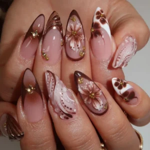 3D fake nails for women girls Gradient brown blue embossed flowers with rhinestones fall winter almond tips press on false nail