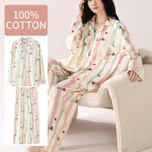 100% Pure Cotton Sleepwear with Chest Cushion, Autumn and Winter Women's Long-Sleeved Pants, Pure Cotton Plus Size Women's Loungewear