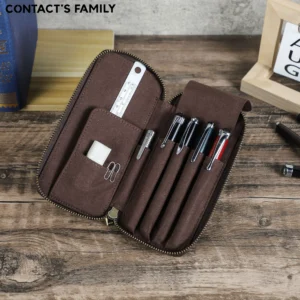 Genuine Leather Pencil Case with 4 Slots Handmade Multifunctional Zipper Fountain Pen Bag Office School Stationery Organizer Bag