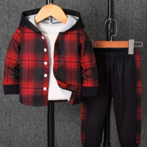 Spring Autumn Plaid Print Baby Boy Long Sleeve Hooded Fleece Lined Shirt Color Block Pants Two-Piece Casual Outfit for Toddlers