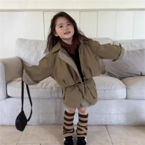 Girls Suit 2025 Autumn New Style Childrens Clothing Korean Girls Baby Fashionable Khaki Color Coat and Skirt Two-piece Set