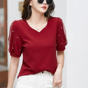 European Station Short sleeved T-shirt Women's Summer New Fashion Light Luxury Pure Cotton Loose V-neck Casual Top