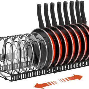 Pot and Pan Organizer Rack for Cabinet Expandable Pot Lid Organizer Holder with 10 Adjustable Dividers